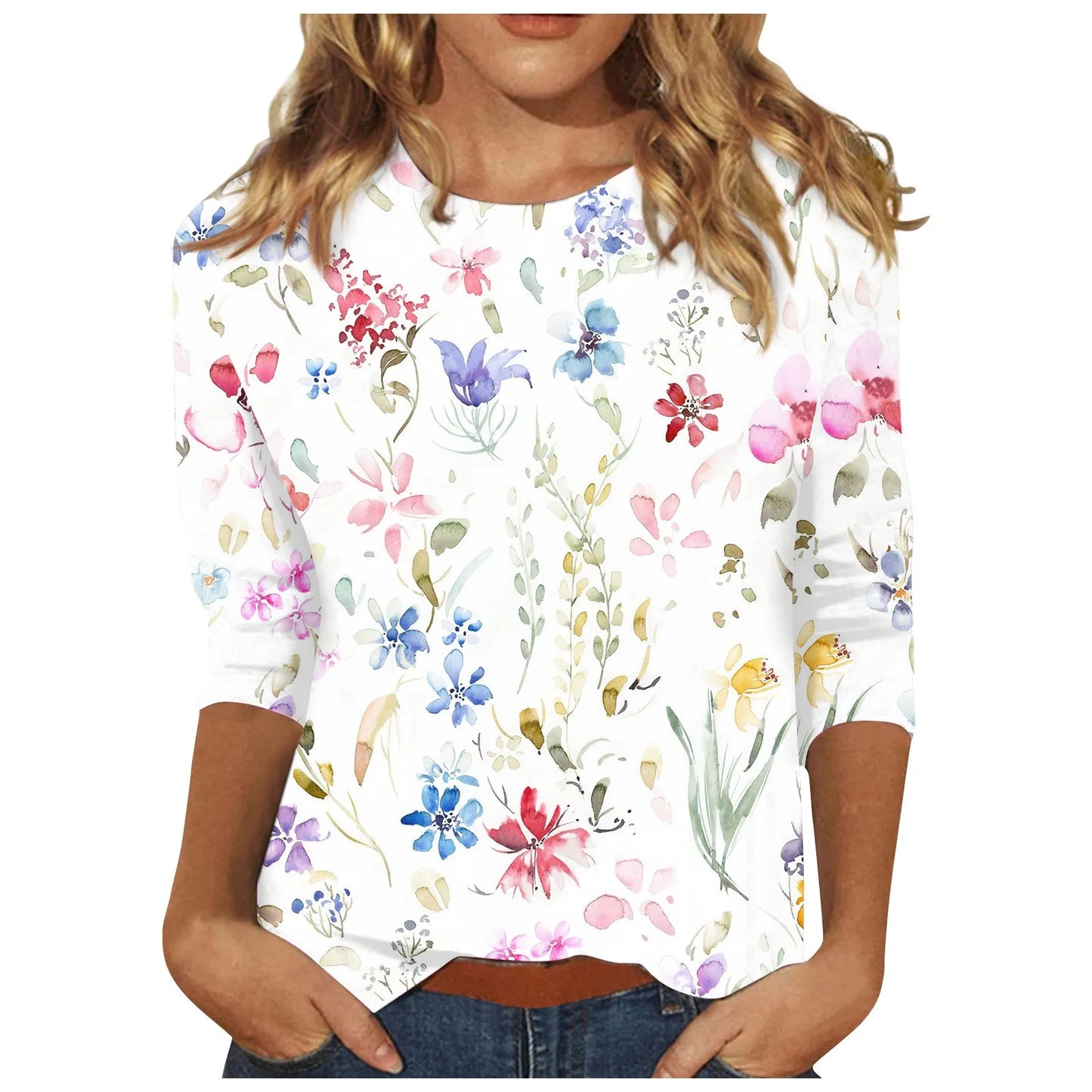 Casual 3/4 Sleeve Floral Print Galore Pullover Top