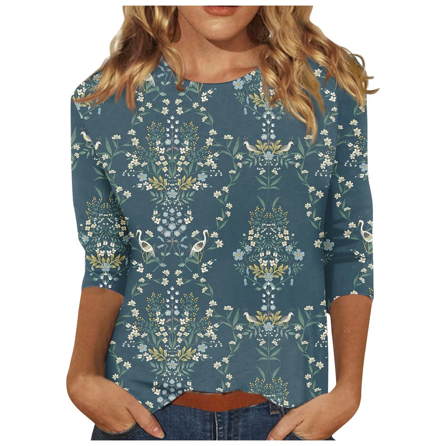 Casual 3/4 Sleeve Floral Print Galore Pullover Top