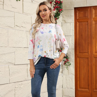 Casual 3/4 Sleeve Floral Print Galore Pullover Top