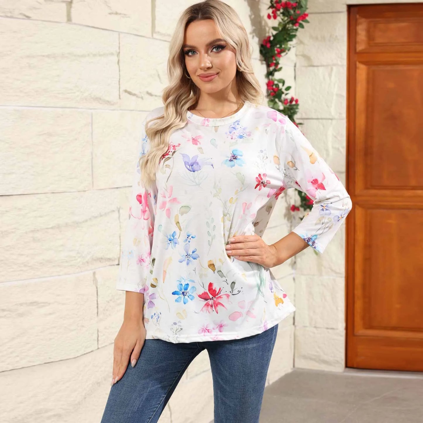 Casual 3/4 Sleeve Floral Print Galore Pullover Top