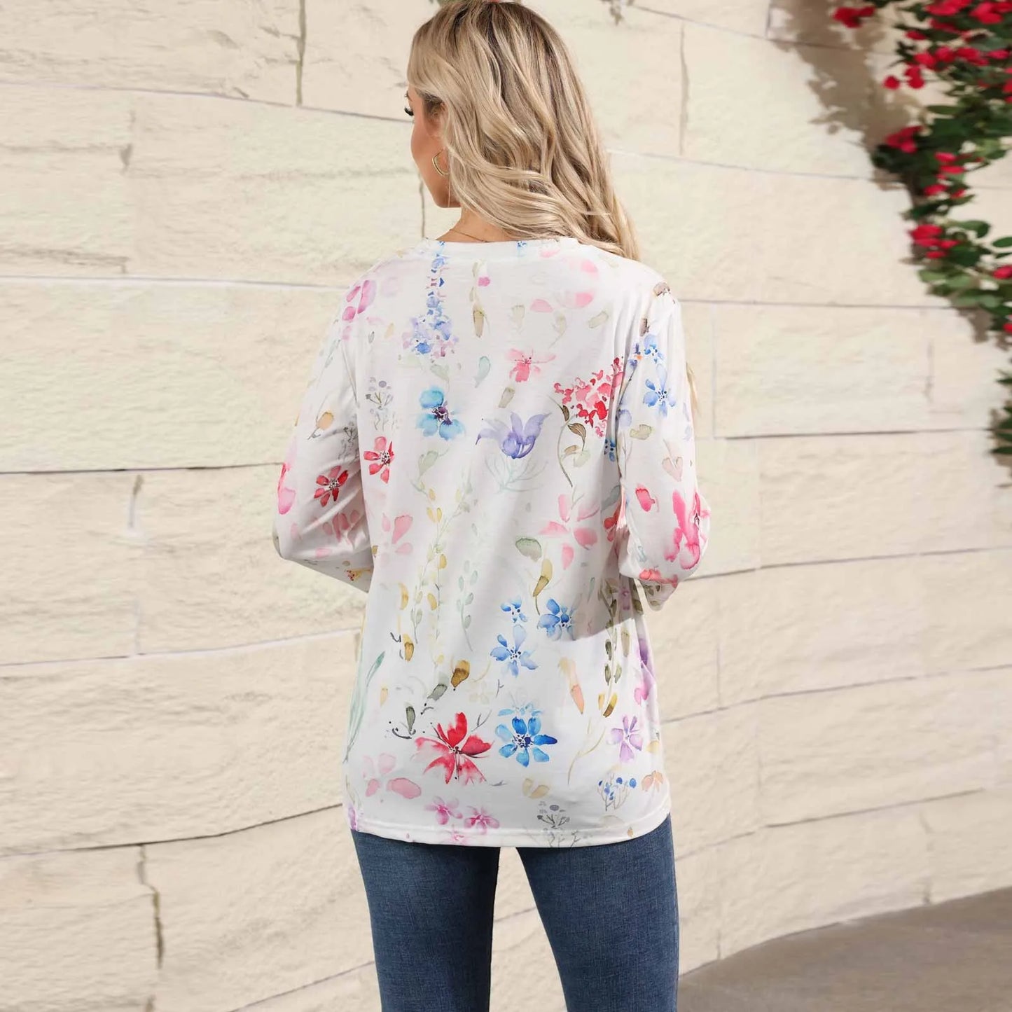 Pull-over décontracté à manches 3/4 et imprimé floral