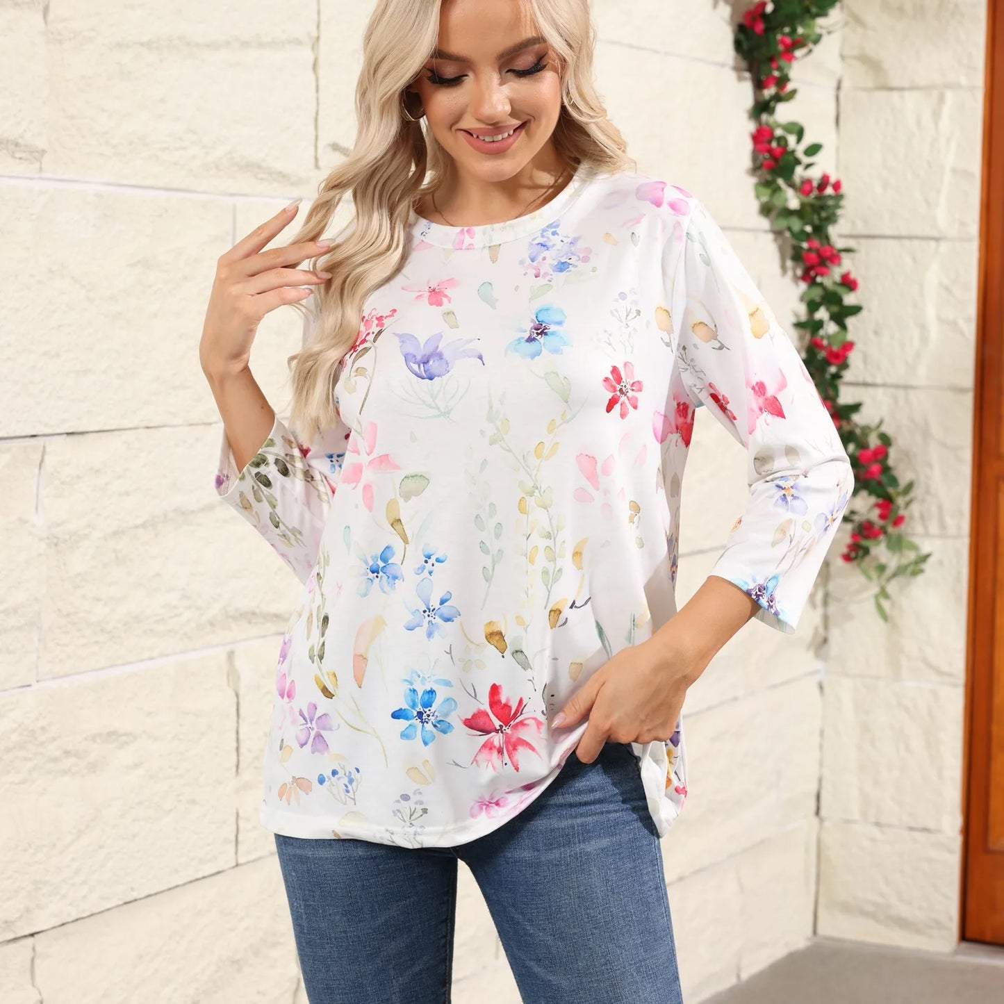 Casual 3/4 Sleeve Floral Print Galore Pullover Top