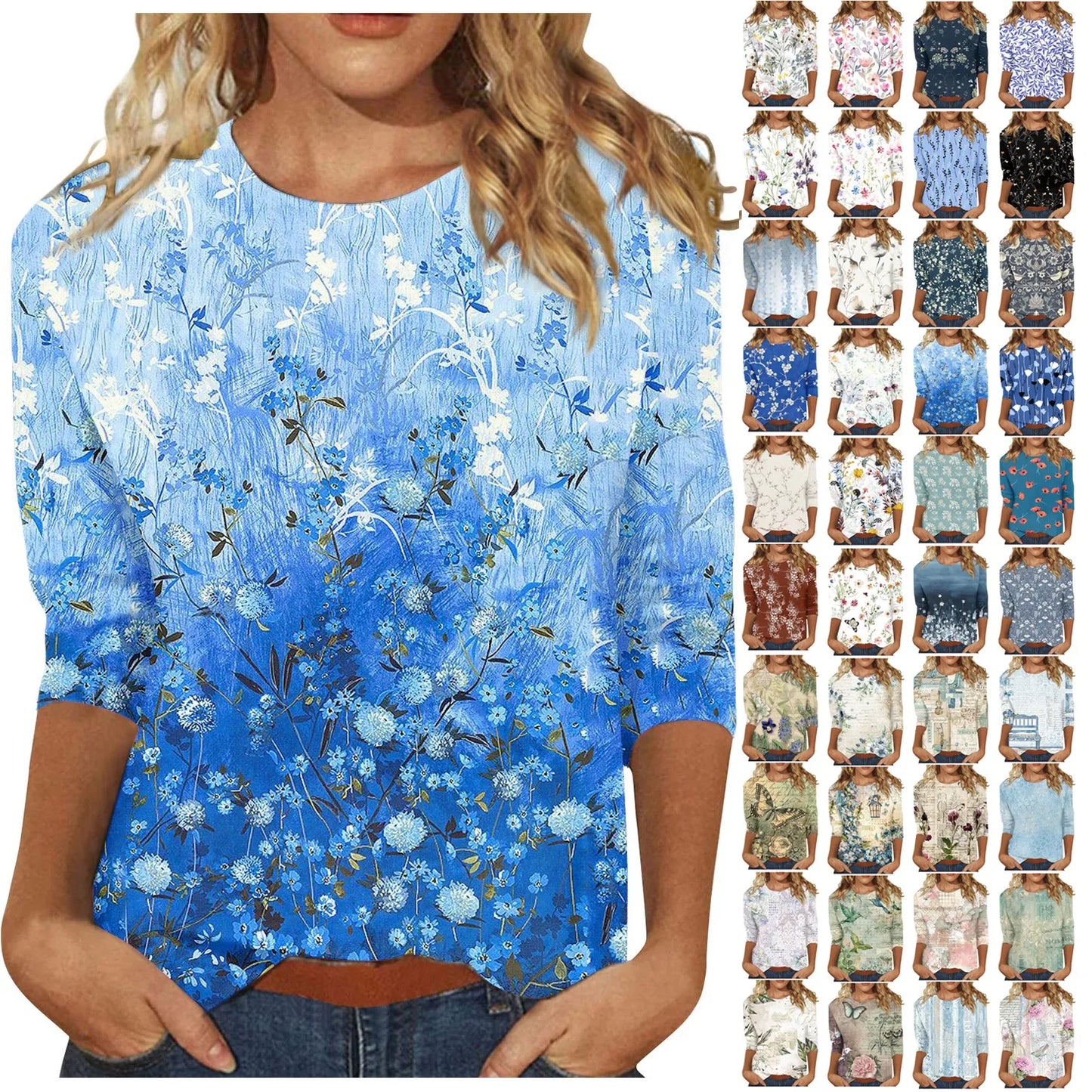 Casual 3/4 Sleeve Floral Print Galore Pullover Top