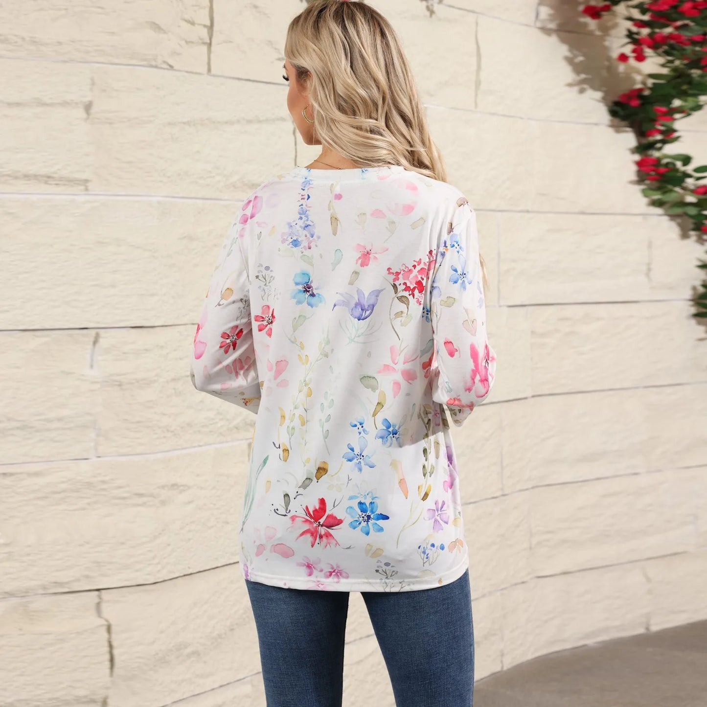 Casual 3/4 Sleeve Floral Print Galore Pullover Top