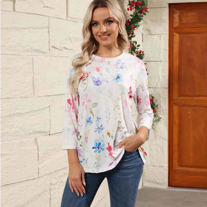 Casual 3/4 Sleeve Floral Print Galore Pullover Top