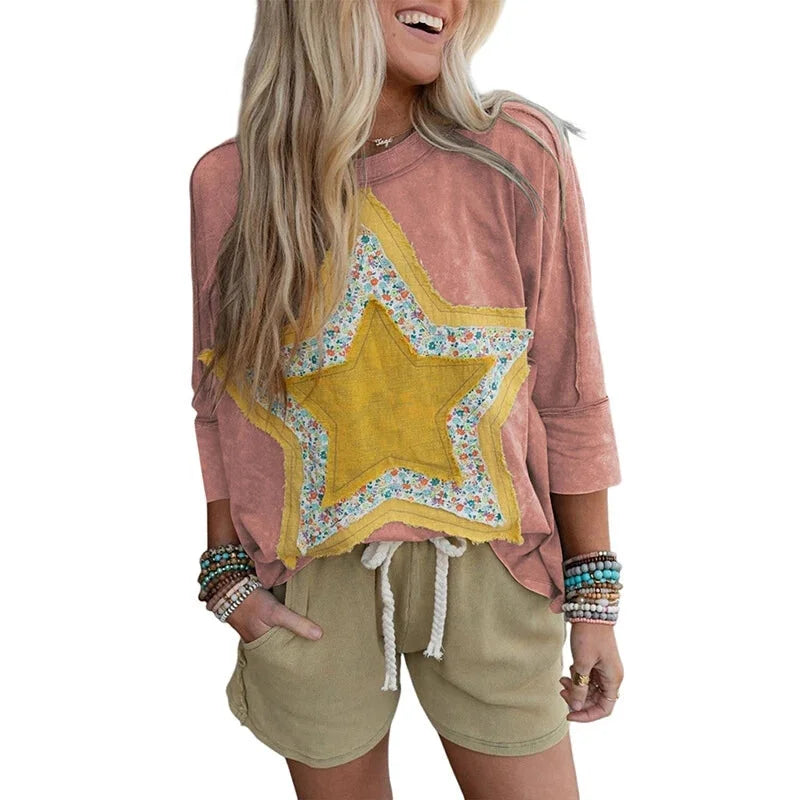 Casual Tees - Yellow Star Floral Patchwork Tee – Relaxed Fit for Women