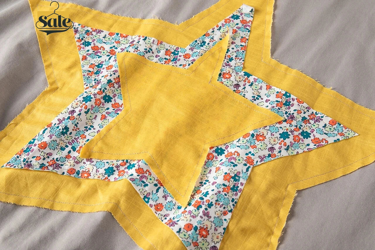 Casual Tees - Yellow Star Floral Patchwork Tee – Relaxed Fit for Women