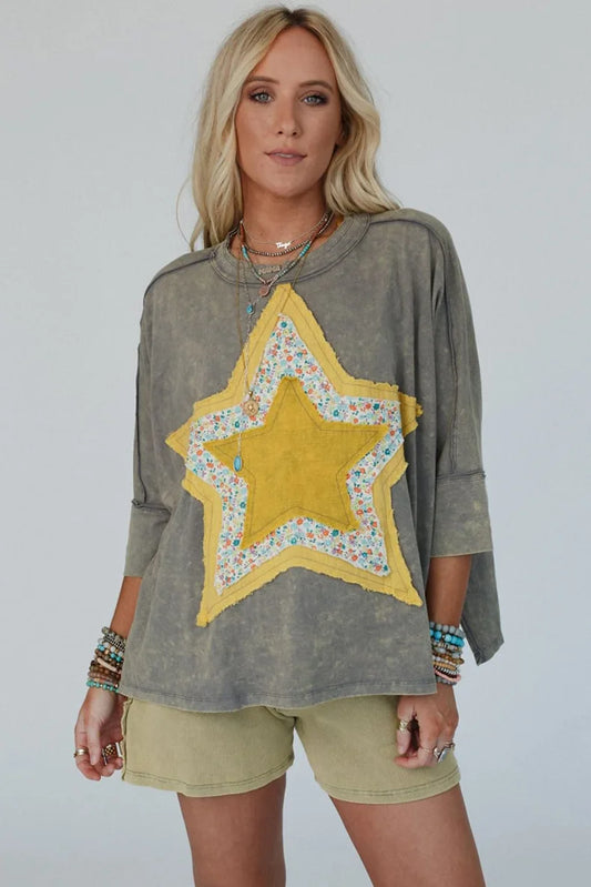 Casual Tees - Yellow Star Floral Patchwork Tee – Relaxed Fit for Women