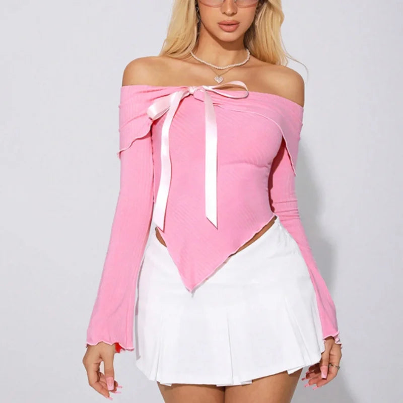 Casual Tops - Asymmetric Off-Shoulder Bow Top with Flared Sleeves