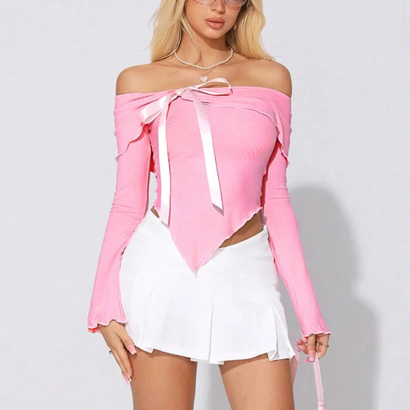 Casual Tops - Asymmetric Off-Shoulder Bow Top with Flared Sleeves