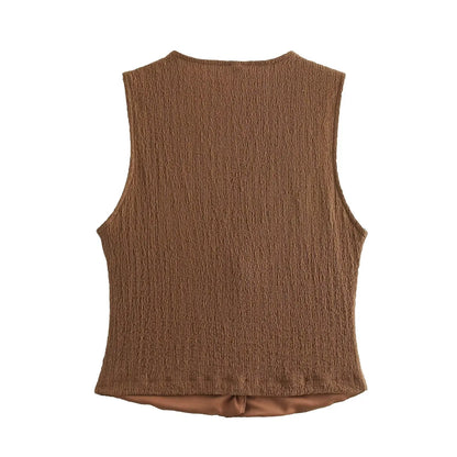 Casual Tops - Sleeveless Tweed Top Earthy Tone Vest Workwear