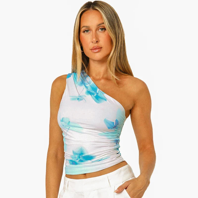 Casual Tops- Women Floral Print Ruched One-Shoulder Top- BLUE- Chuzko Women Clothing