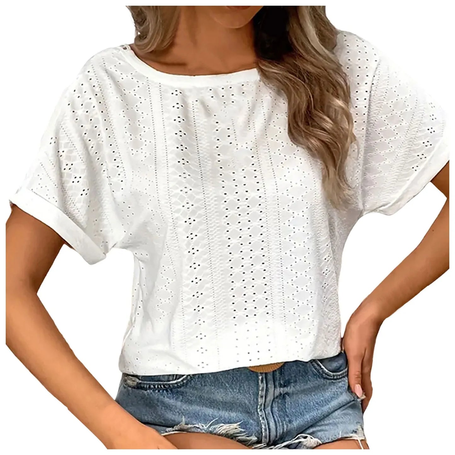 Casual Tops- Women's Eyelet Blouse with Embroidered Lace Back- - Pekosa Women Fashion