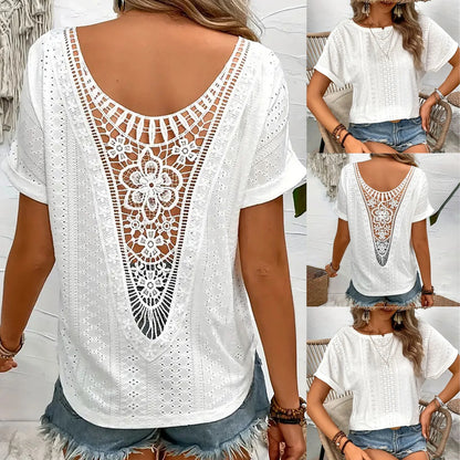 Casual Tops- Women's Eyelet Blouse with Embroidered Lace Back- - Pekosa Women Fashion