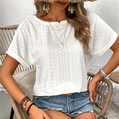 Casual Tops- Women's Eyelet Blouse with Embroidered Lace Back- White- Pekosa Women Fashion