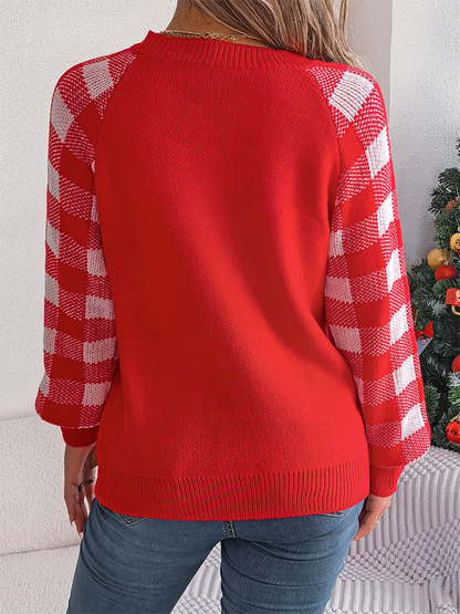 Christmas Sweaters - Christmas Reindeer Knit Sweater - Plaid Long Sleeves