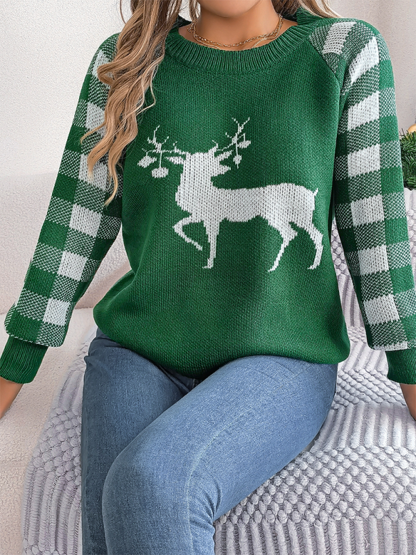 Christmas Sweaters - Christmas Reindeer Knit Sweater - Plaid Long Sleeves