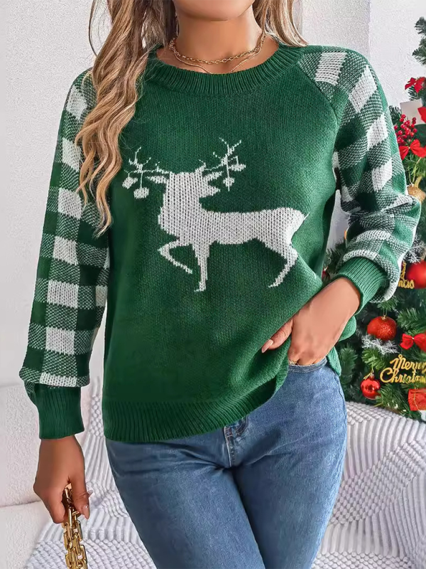 Christmas Sweaters - Christmas Reindeer Knit Sweater - Plaid Long Sleeves