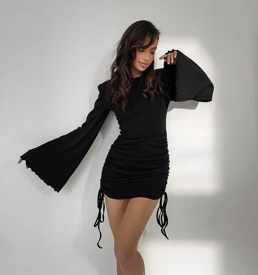 Clubbing Dresses - Adjustable Mini Dress with Bell Sleeves