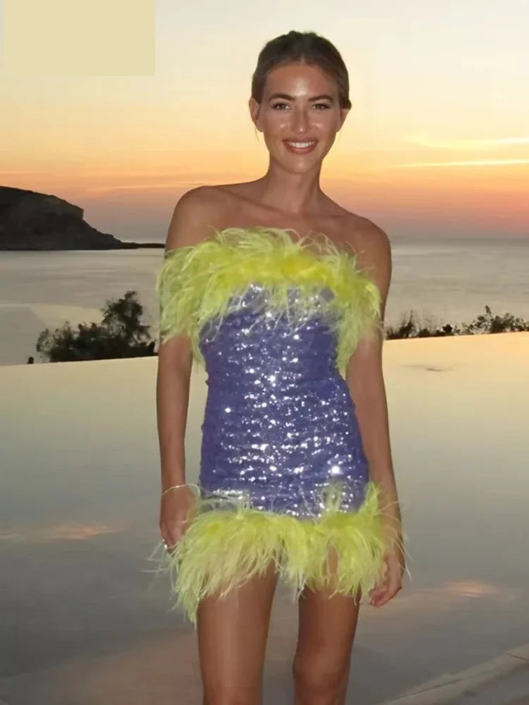 Clubbing Dresses - Feather Trim Strapless Sequin Dress for Fashion Shows