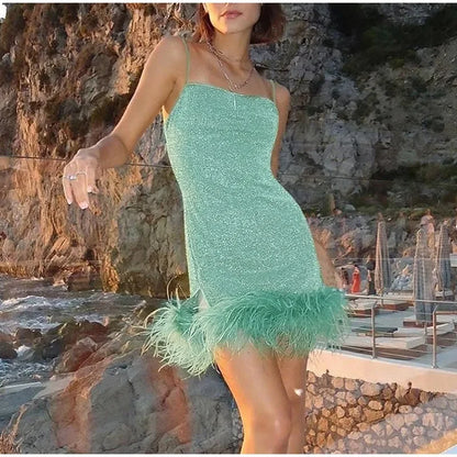 Clubbing Dresses - Feather Trim Strapless Sequin Dress for Fashion Shows