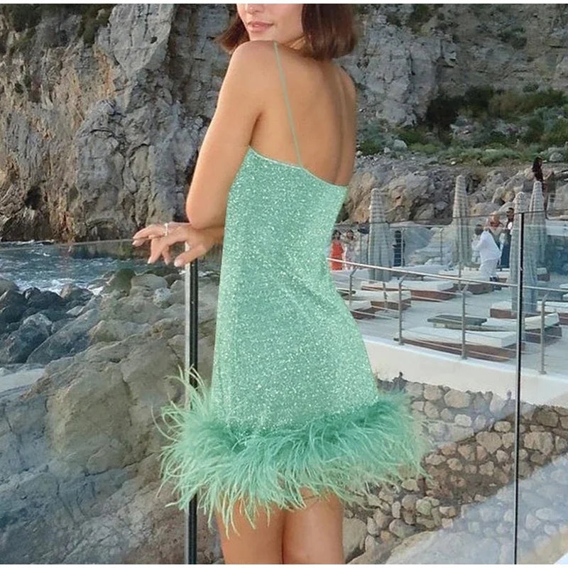 Clubbing Dresses - Feather Trim Strapless Sequin Dress for Fashion Shows