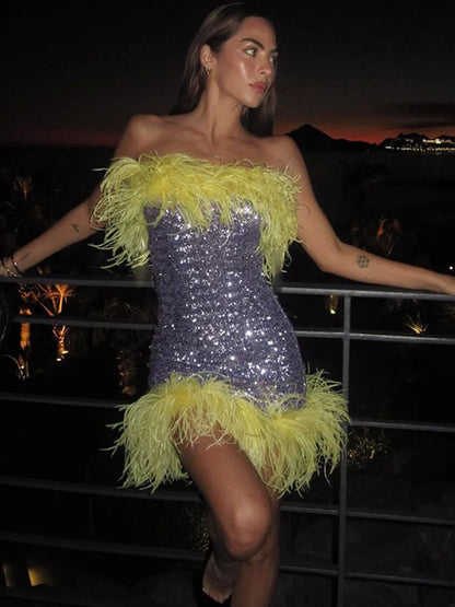 Clubbing Dresses - Feather Trim Strapless Sequin Dress for Fashion Shows