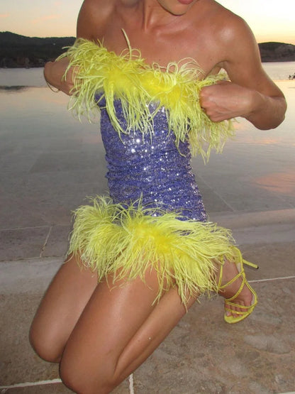 Clubbing Dresses - Feather Trim Strapless Sequin Dress for Fashion Shows