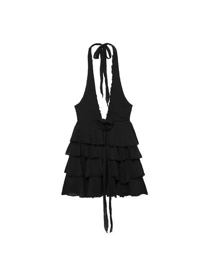 Clubbing Dresses- Plunging Halter Tiered Ruffle Clubbing Mini Dress- Black- Pekosa Women Fashion