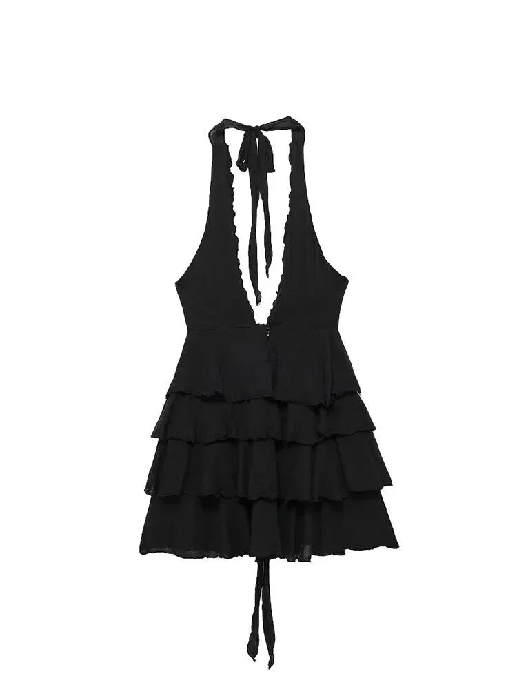 Clubbing Dresses- Plunging Halter Tiered Ruffle Clubbing Mini Dress- - Pekosa Women Fashion