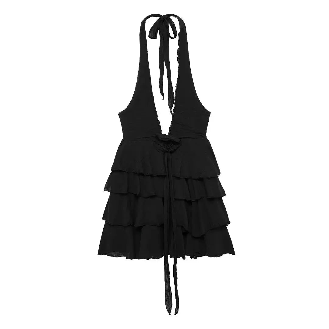 Clubbing Dresses- Plunging Halter Tiered Ruffle Clubbing Mini Dress- - Pekosa Women Fashion