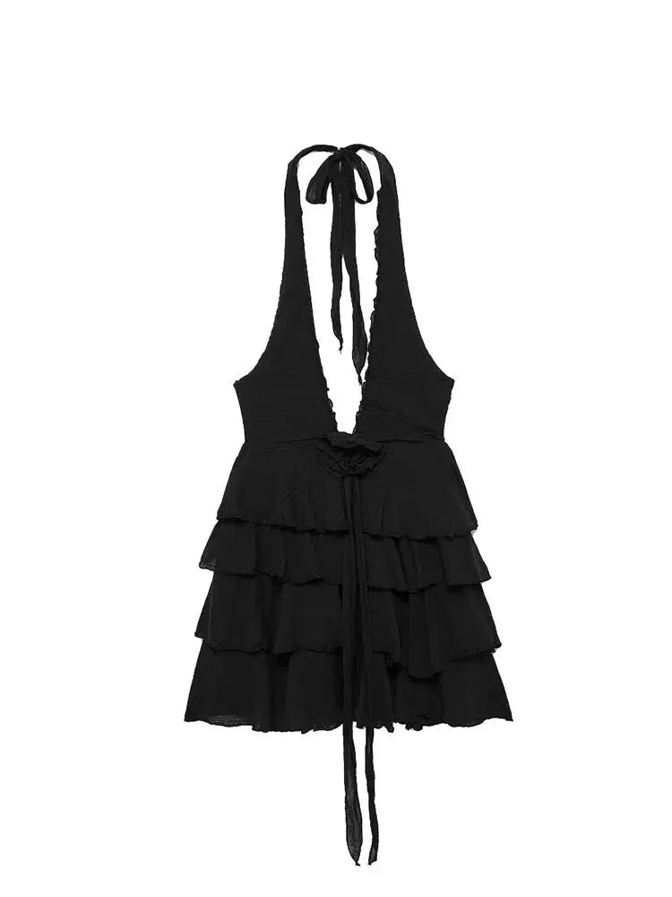 Clubbing Dresses- Plunging Halter Tiered Ruffle Clubbing Mini Dress- - Pekosa Women Fashion