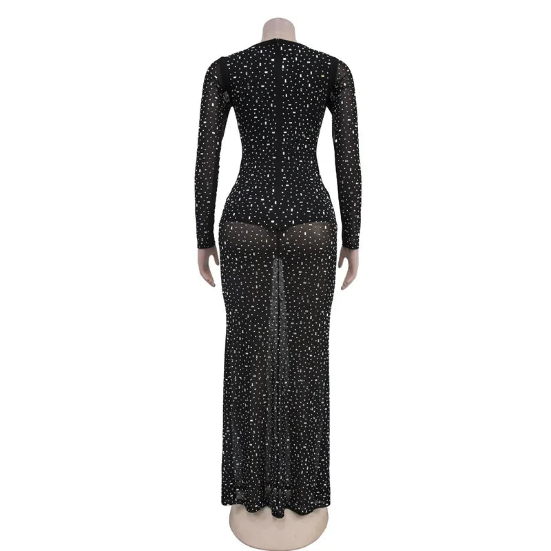 Clubbing Dresses - Rhinestone Embellished Evening Gown Sparkle Maxi Dress