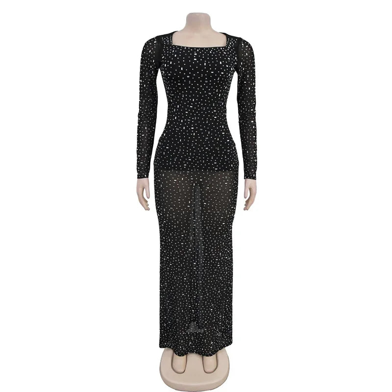 Clubbing Dresses - Rhinestone Embellished Evening Gown Sparkle Maxi Dress