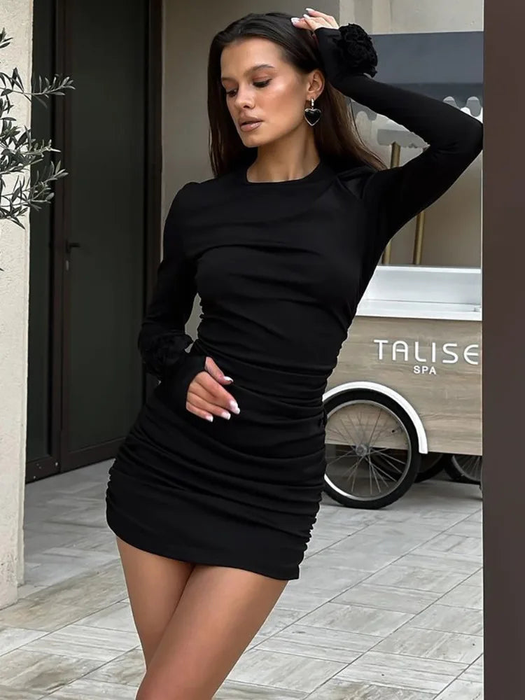 Clubbing Dresses - Ruched Body-Hugging Rossette Mini Dress for Disco Nights