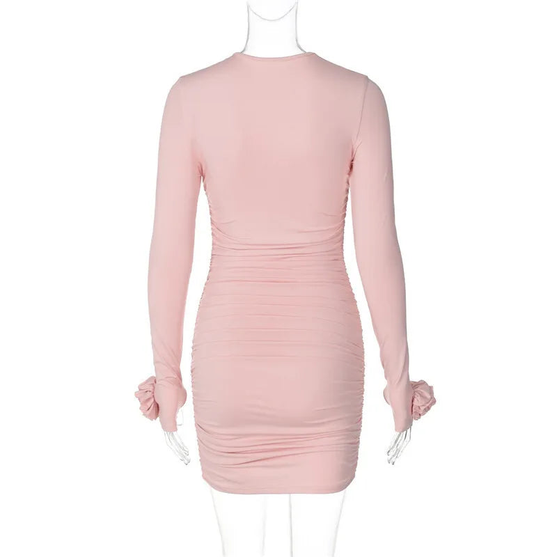 Clubbing Dresses - Ruched Body-Hugging Rossette Mini Dress for Disco Nights