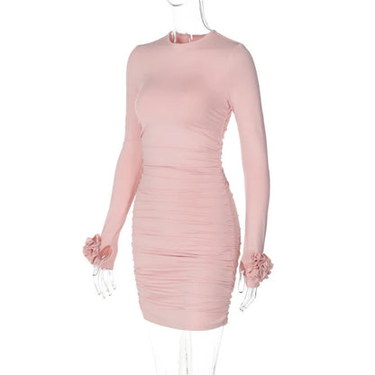 Clubbing Dresses - Ruched Body-Hugging Rossette Mini Dress for Disco Nights