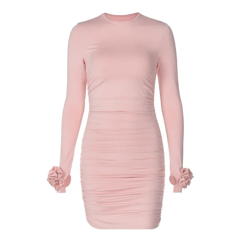 Clubbing Dresses - Ruched Body-Hugging Rossette Mini Dress for Disco Nights