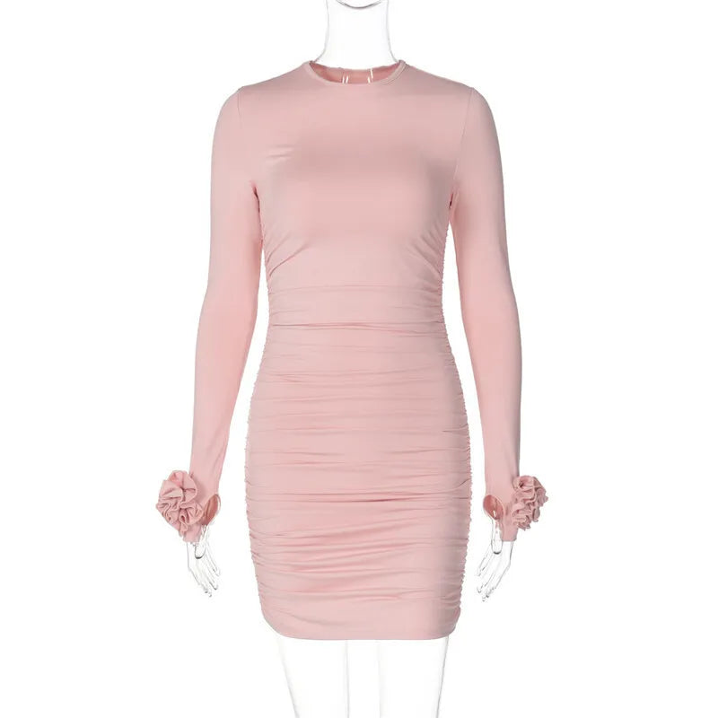 Clubbing Dresses - Ruched Body-Hugging Rossette Mini Dress for Disco Nights