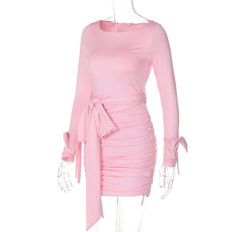 Clubbing Dresses - Ruched Cinched Pink Bodycon Dress for Night Out