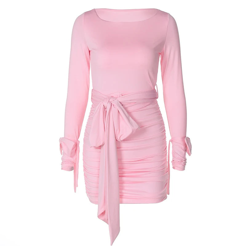 Clubbing Dresses - Ruched Cinched Pink Bodycon Dress for Night Out