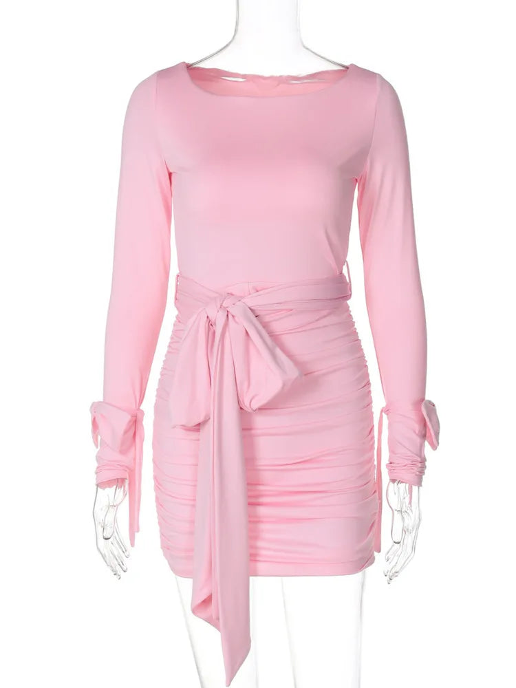 Clubbing Dresses - Ruched Cinched Pink Bodycon Dress for Night Out