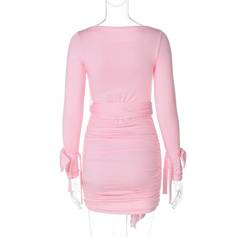 Clubbing Dresses - Ruched Cinched Pink Bodycon Dress for Night Out