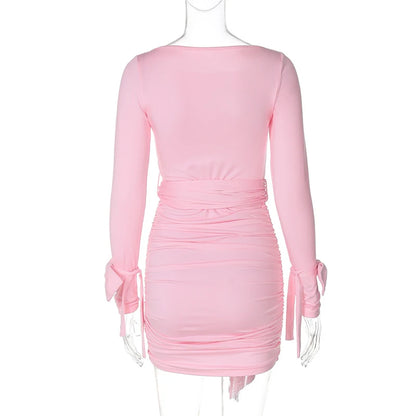 Clubbing Dresses - Ruched Cinched Pink Bodycon Dress for Night Out