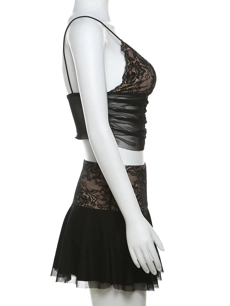 Clubbing Outfits- Contrast Tones Set Mesh Lace Cami Top and Mini Skirt- - Pekosa Women Fashion