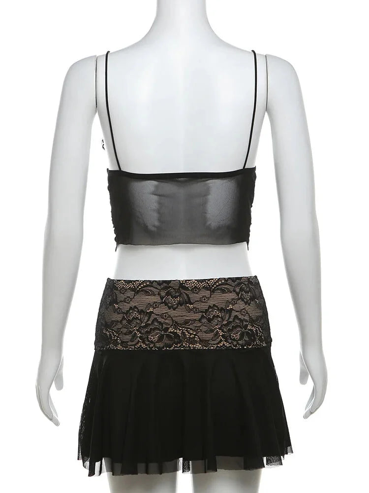 Clubbing Outfits- Contrast Tones Set Mesh Lace Cami Top and Mini Skirt- - Pekosa Women Fashion