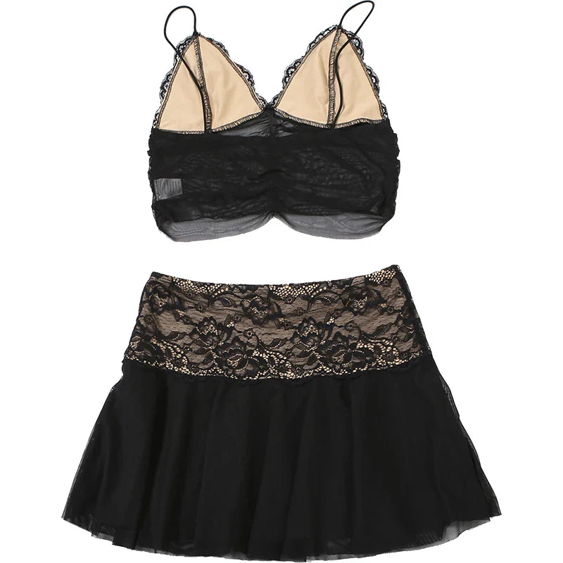 Clubbing Outfits- Contrast Tones Set Mesh Lace Cami Top and Mini Skirt- - Pekosa Women Fashion