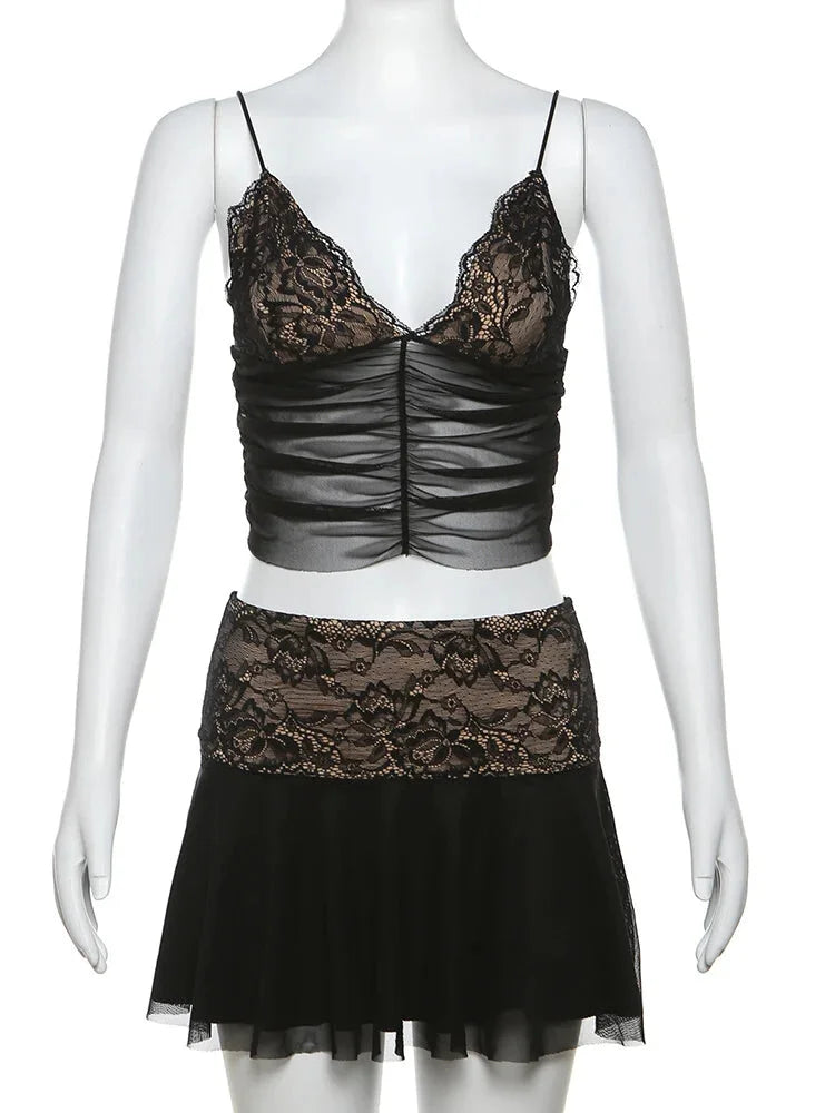 Clubbing Outfits- Contrast Tones Set Mesh Lace Cami Top and Mini Skirt- - Pekosa Women Fashion