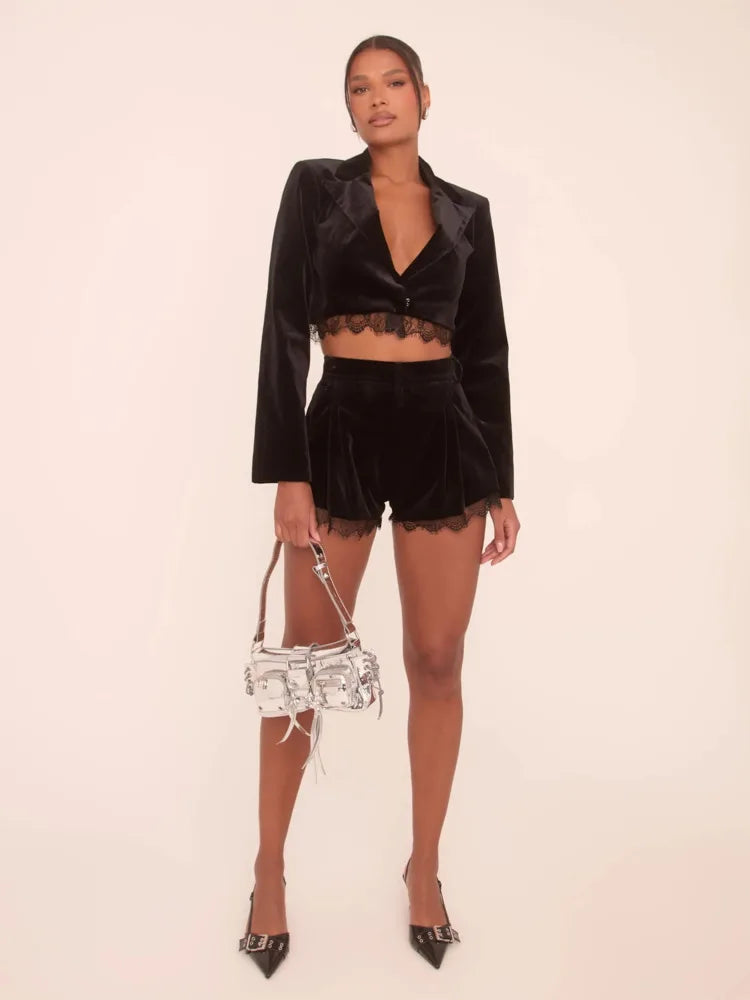 Clubbing Outfits - Lace Trim Crop Blazer and Shorts Set Clubbing 2-Piece Outfit