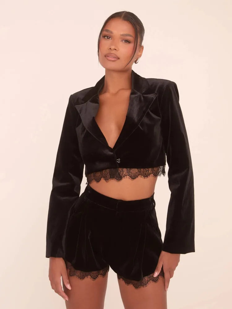 Clubbing Outfits - Lace Trim Crop Blazer and Shorts Set Clubbing 2-Piece Outfit